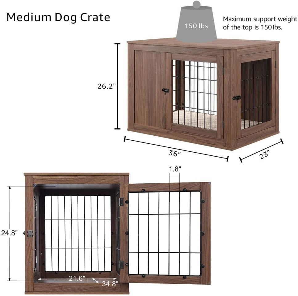 Furniture Style Dog Crate End Table with Cushion, Wooden Wire Pet Kennels with Double Doors, Medium Dog House Indoor Use (Walnut, Medium)