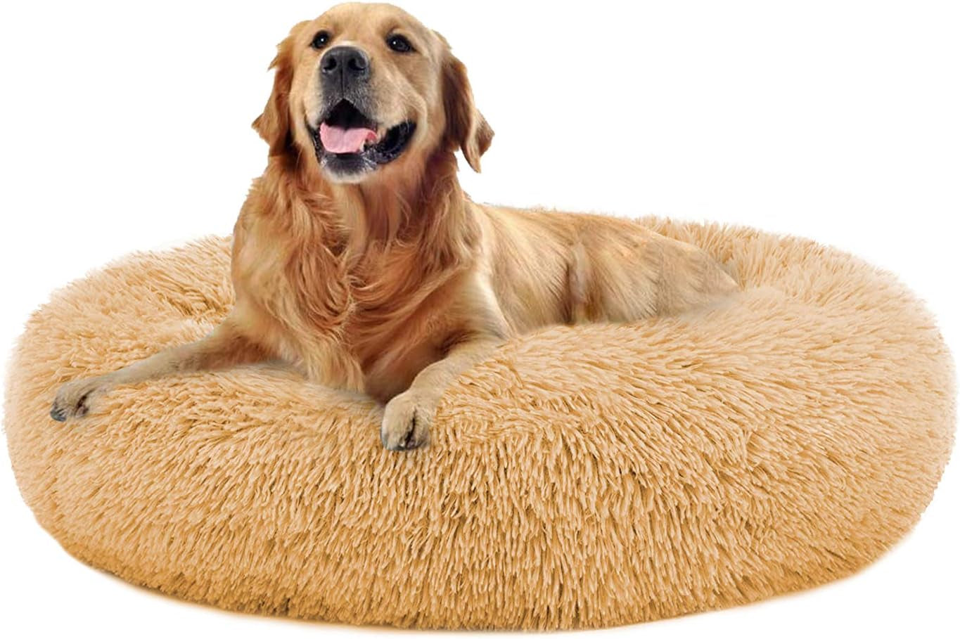 Long Plush Comfy Calming & Self-Warming Bed for Cat & Dog, anti Anxiety, Furry, Soothing, Fluffy, Washable, Abbyspace, Marshmellow Pet Donut Bed