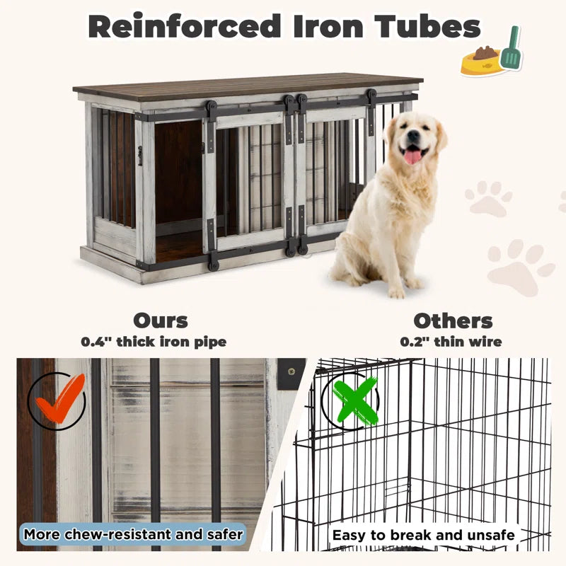 Solid Wood Dog Crate Furniture, Dog Kennel Tv Cabinet with Sliding Door, Stylish Dog House Indoor, Heavy Duty Kennel, Wooden Dog Cage Suitable for One Large Dog or Two Medium Sized Dogs