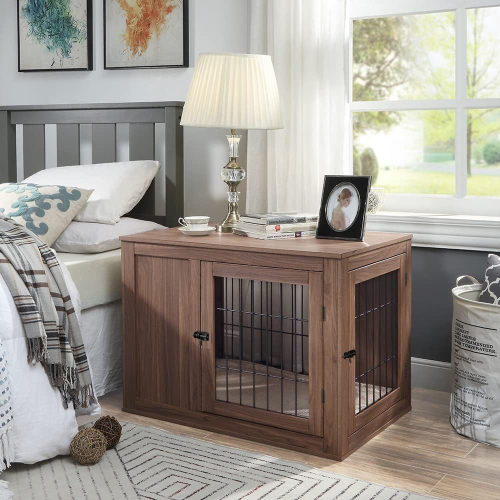Furniture Style Dog Crate End Table with Cushion, Wooden Wire Pet Kennels with Double Doors, Medium Dog House Indoor Use (Walnut, Medium)
