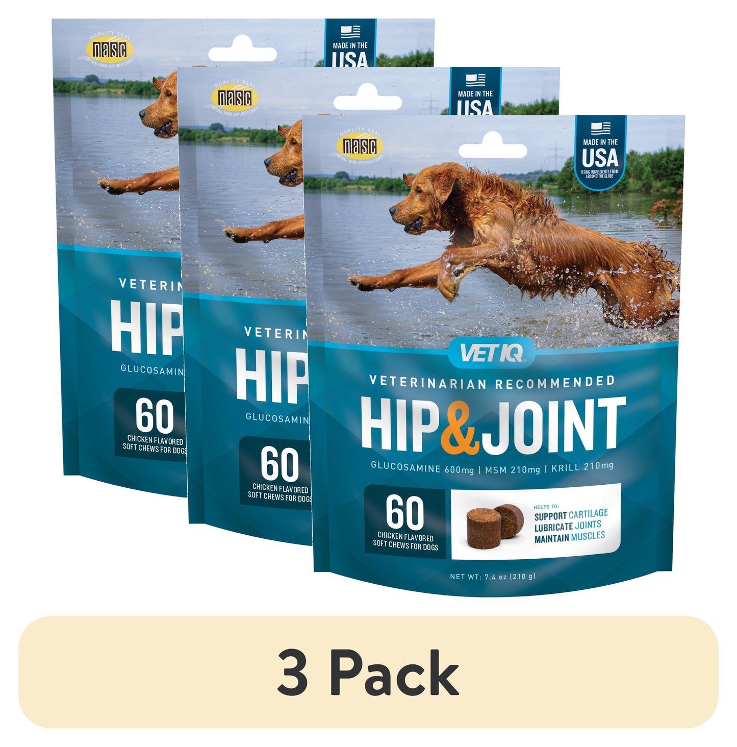 (3 Pack) Hip & Joint Supplement for Dogs, Chicken Flavored Soft Chews, 7.4 Oz