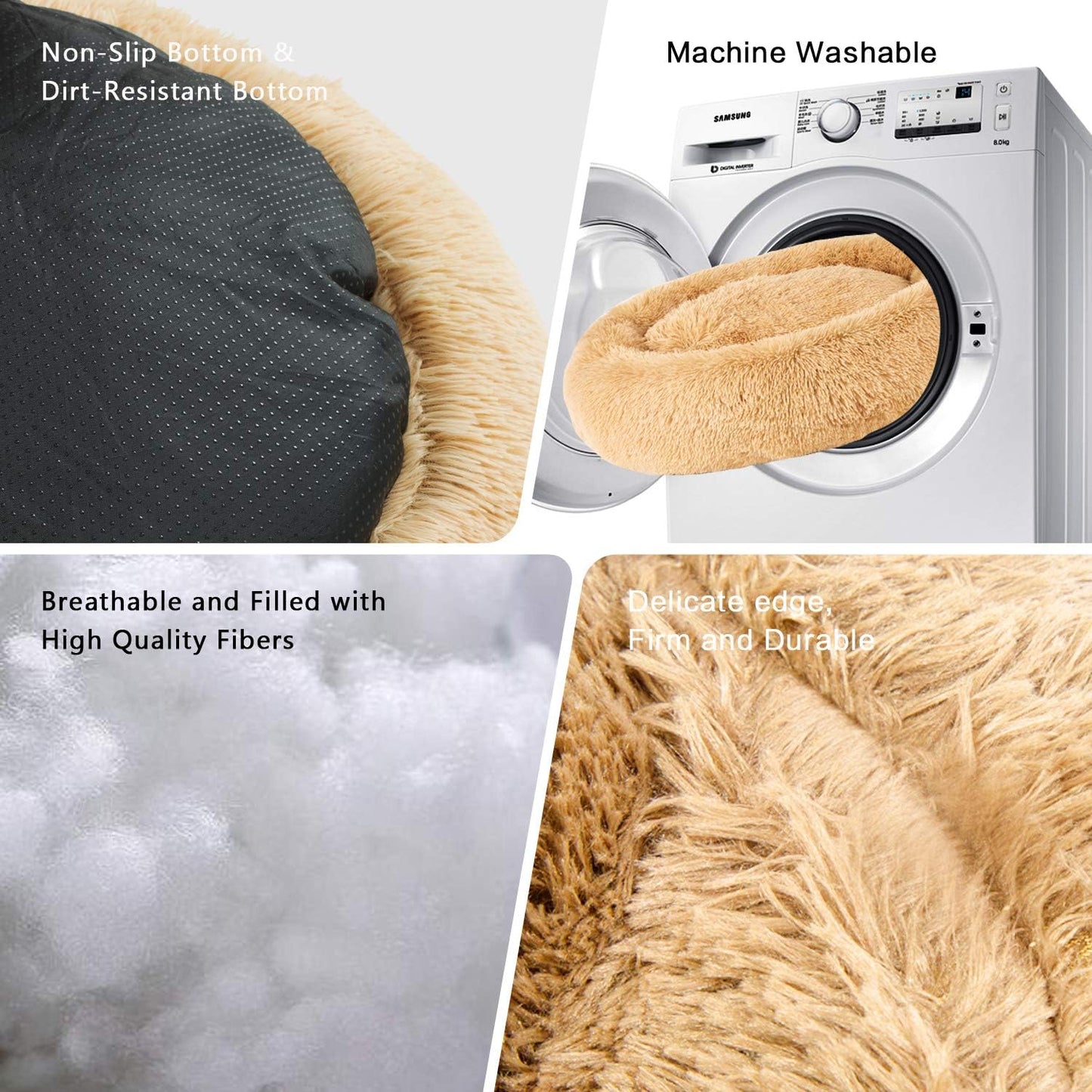 Long Plush Comfy Calming & Self-Warming Bed for Cat & Dog, anti Anxiety, Furry, Soothing, Fluffy, Washable, Abbyspace, Marshmellow Pet Donut Bed