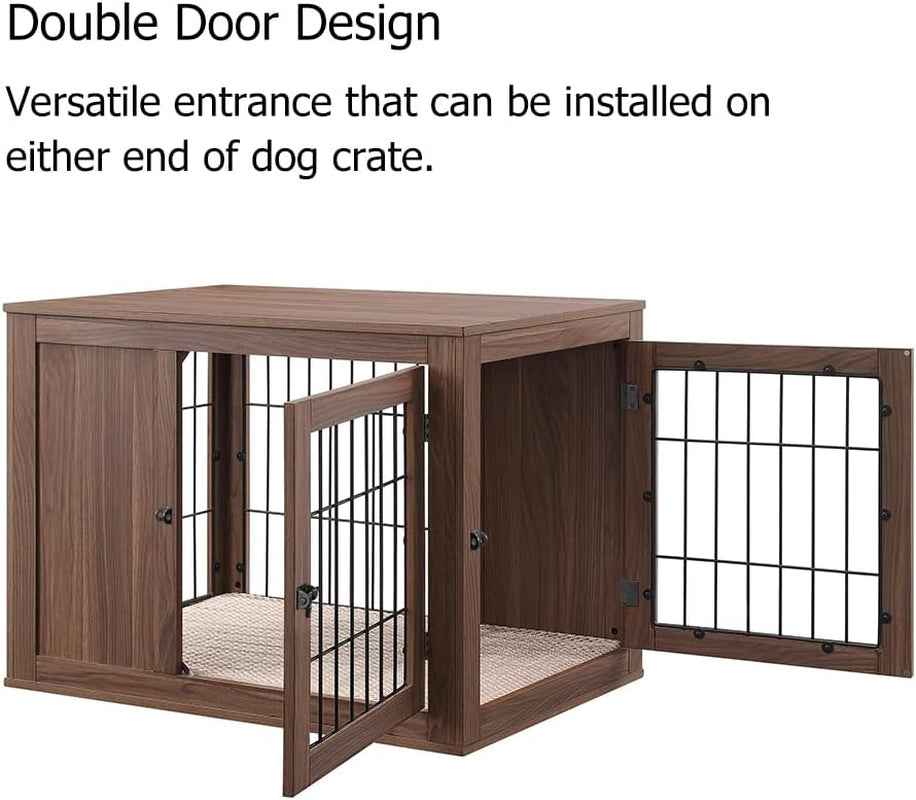 Furniture Style Dog Crate End Table with Cushion, Wooden Wire Pet Kennels with Double Doors, Medium Dog House Indoor Use (Walnut, Medium)