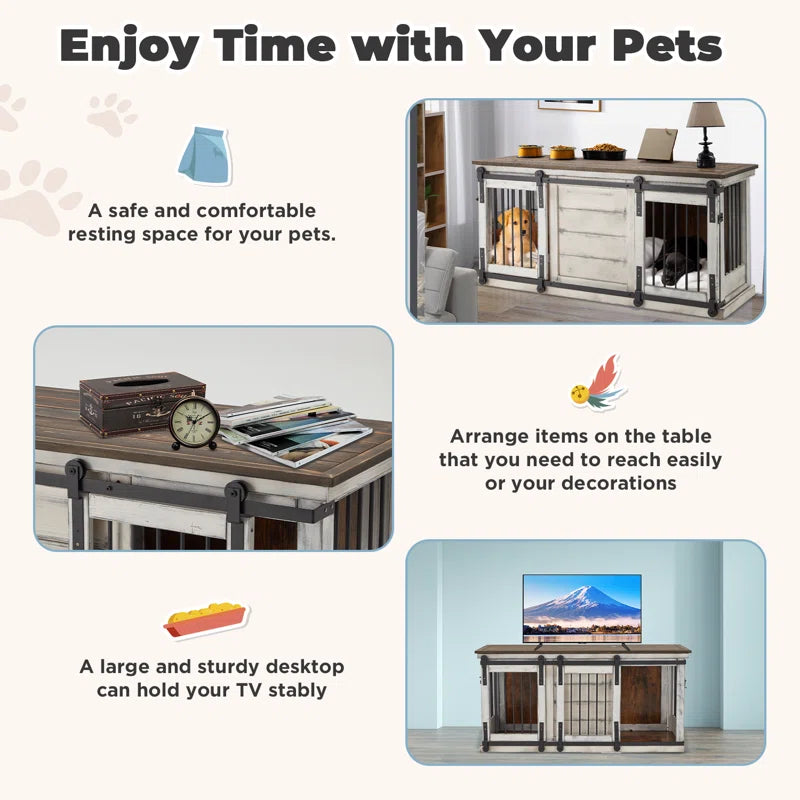 Solid Wood Dog Crate Furniture, Dog Kennel Tv Cabinet with Sliding Door, Stylish Dog House Indoor, Heavy Duty Kennel, Wooden Dog Cage Suitable for One Large Dog or Two Medium Sized Dogs
