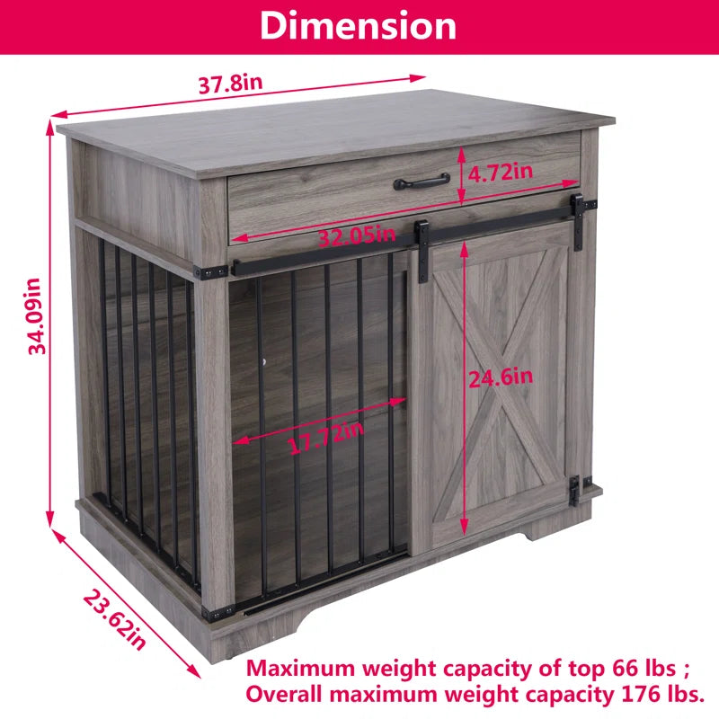 37.8''W Modern Dog Crate Furniture with Drawer and Sliding Door