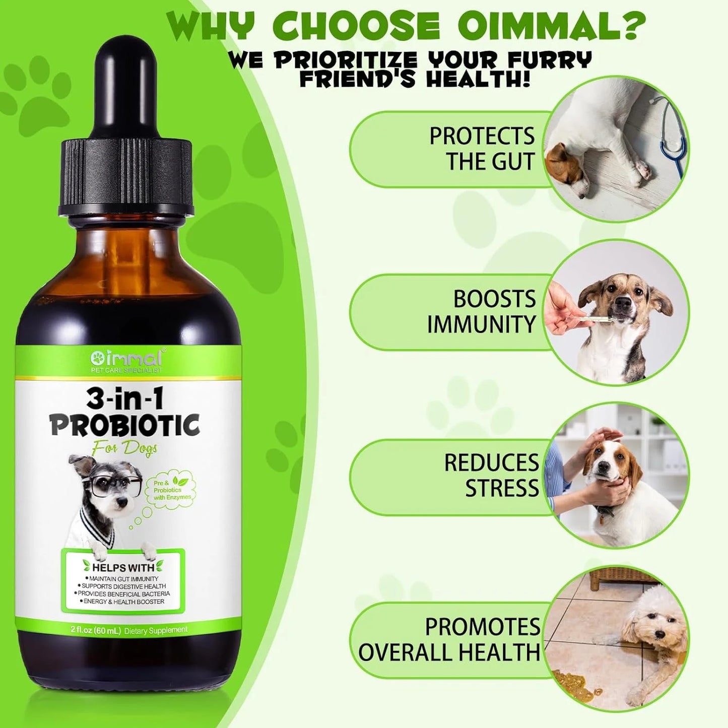 Probiotic for Dogs, Natural 3 in 1 Dog Probiotic Drops Helps Relieve Diarrhea, Supports Gut Health, Itchy Skin, Allergies, Immunity, Digestive Enzyme for Dog Supplement, Bacon Flavor - 60Ml / 2 Fl.Oz