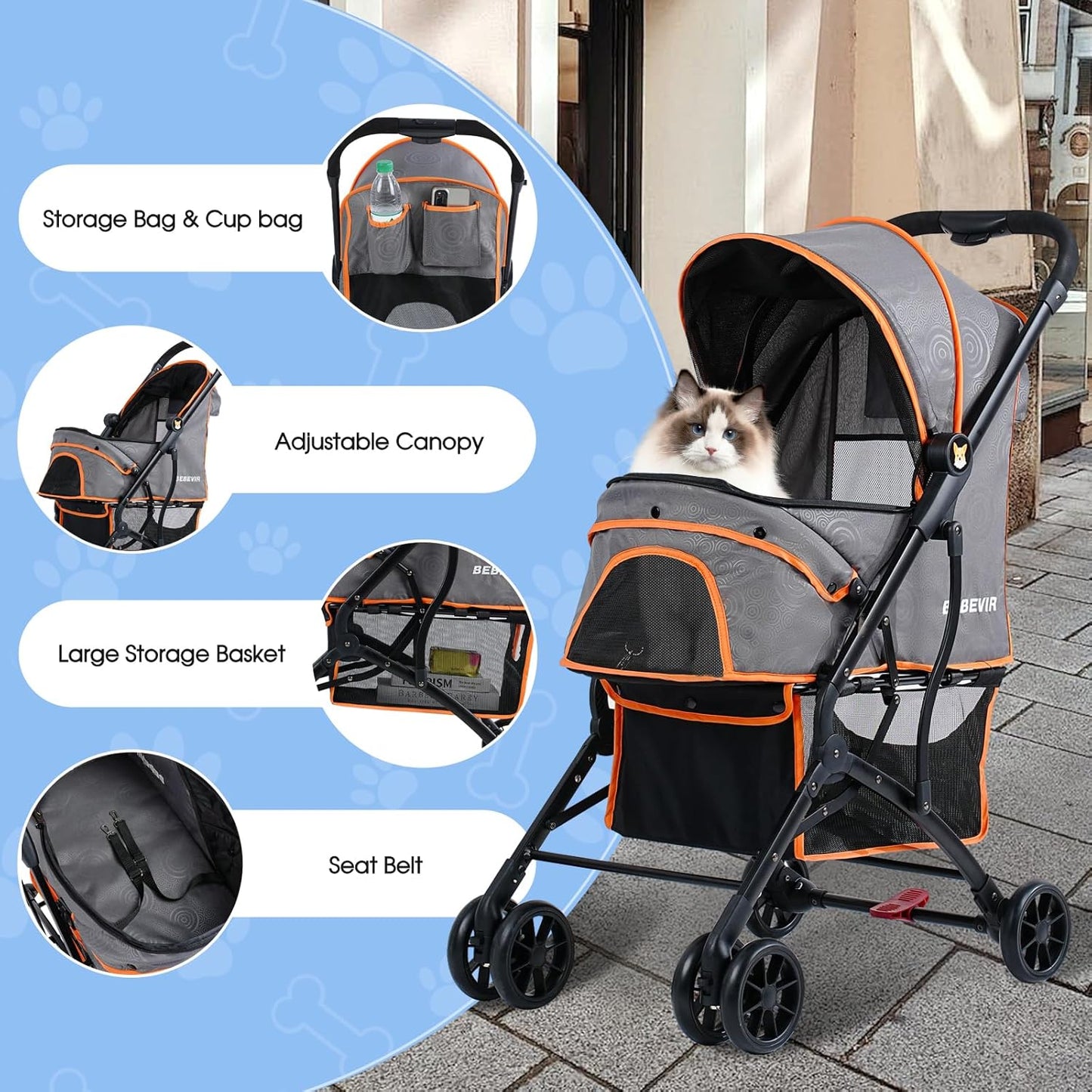 4 Wheels Dogs Cats Stroller for Small Medium Dogs Cats Pets up to 35 Lbs,Foldable Dog Cat Strollers Jogger Travel Stroller with Storage Basket and Cup Holder, Gray