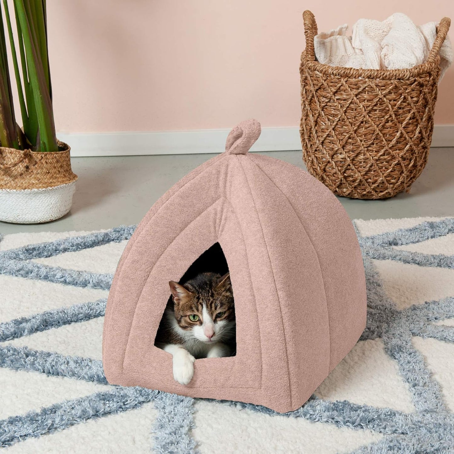 Cat Bed Cave for Indoor Cats & Small Dogs, Washable & Foldable W/ Removable Cushion - Polar Fleece Pet Tent - Beige Buff, Small, 16.0"L X 13.0"W X 13.0"Th