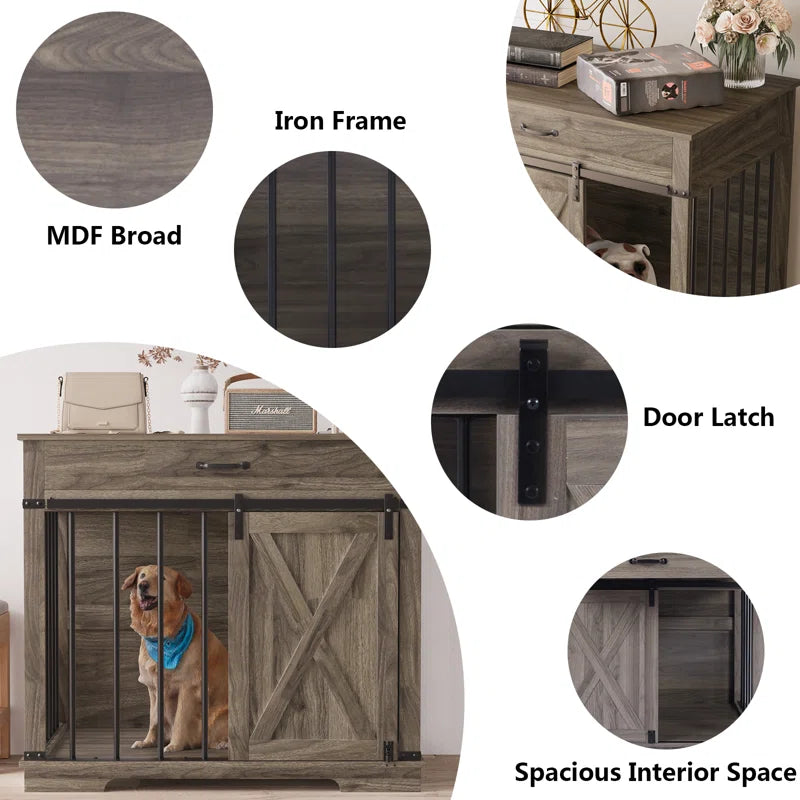 37.8''W Modern Dog Crate Furniture with Drawer and Sliding Door