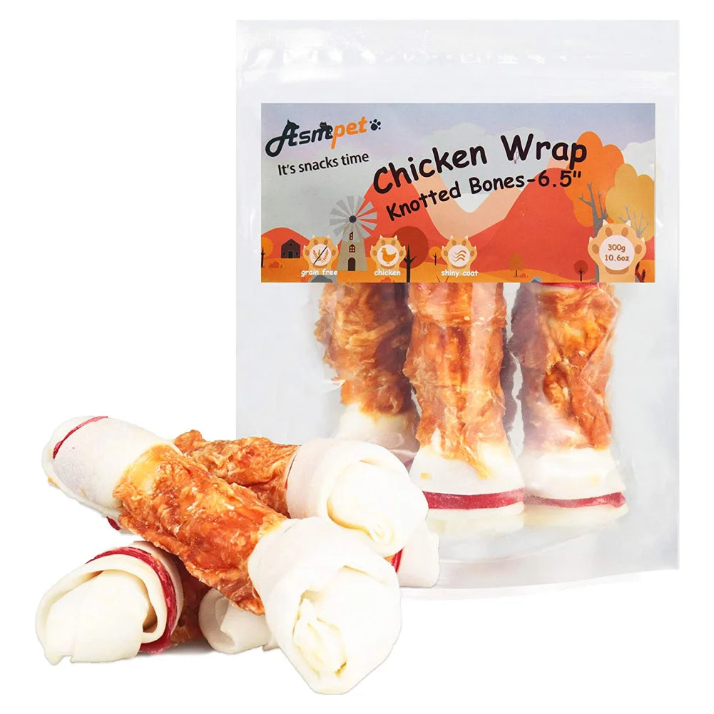 (4 Pack) 6.5" Rawhide Dog Bone, Long Lasting Chicken Wrapped Dog Treats (4/Pack), Beefhide Bone for Large Dogs, 11Oz