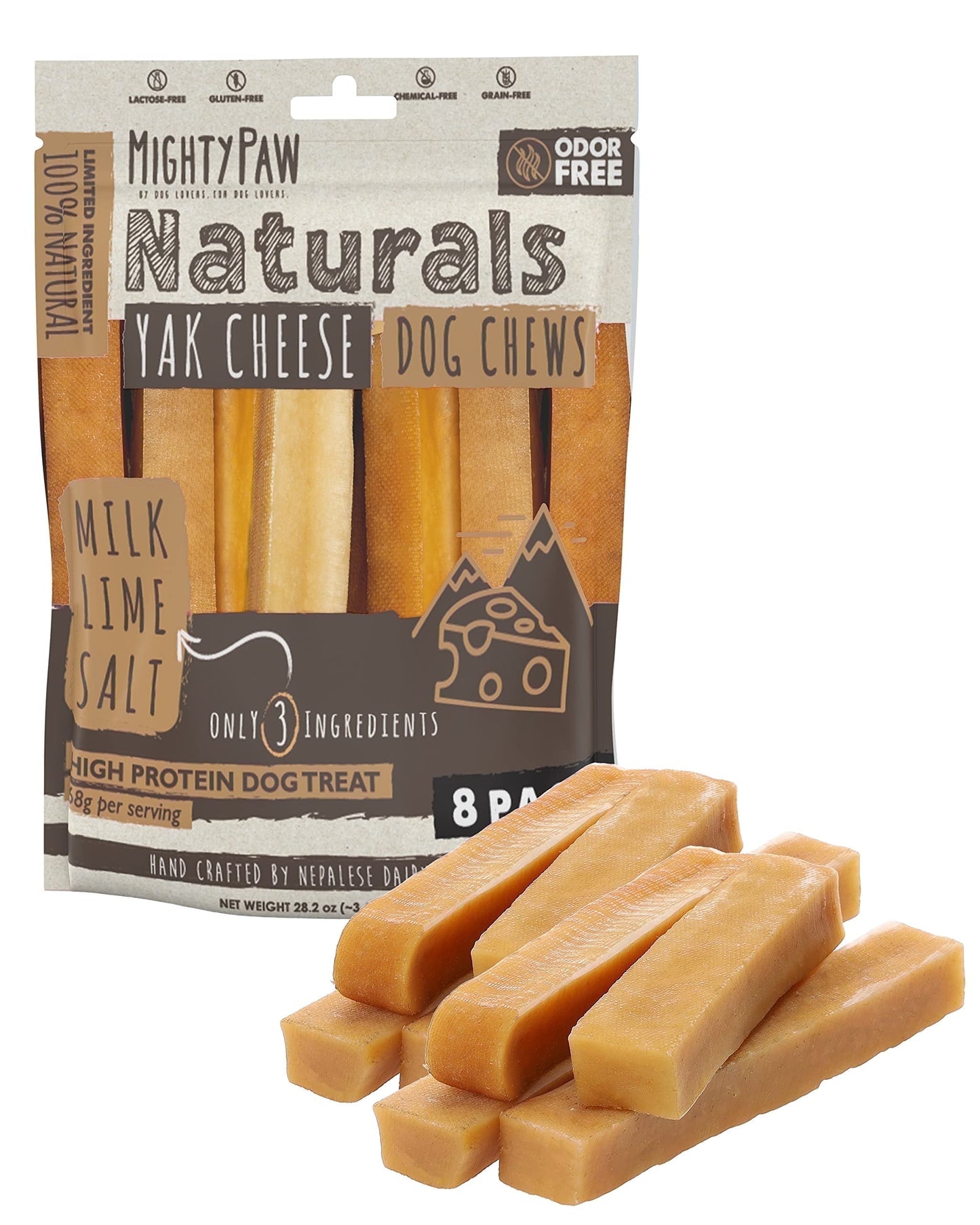 Yak Cheese Himalayan Dog Chews, Natural Long Lasting Pet Fresh Treats (Large, 8 Pack)