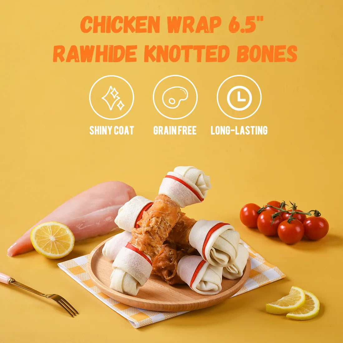 (4 Pack) 6.5" Rawhide Dog Bone, Long Lasting Chicken Wrapped Dog Treats (4/Pack), Beefhide Bone for Large Dogs, 11Oz