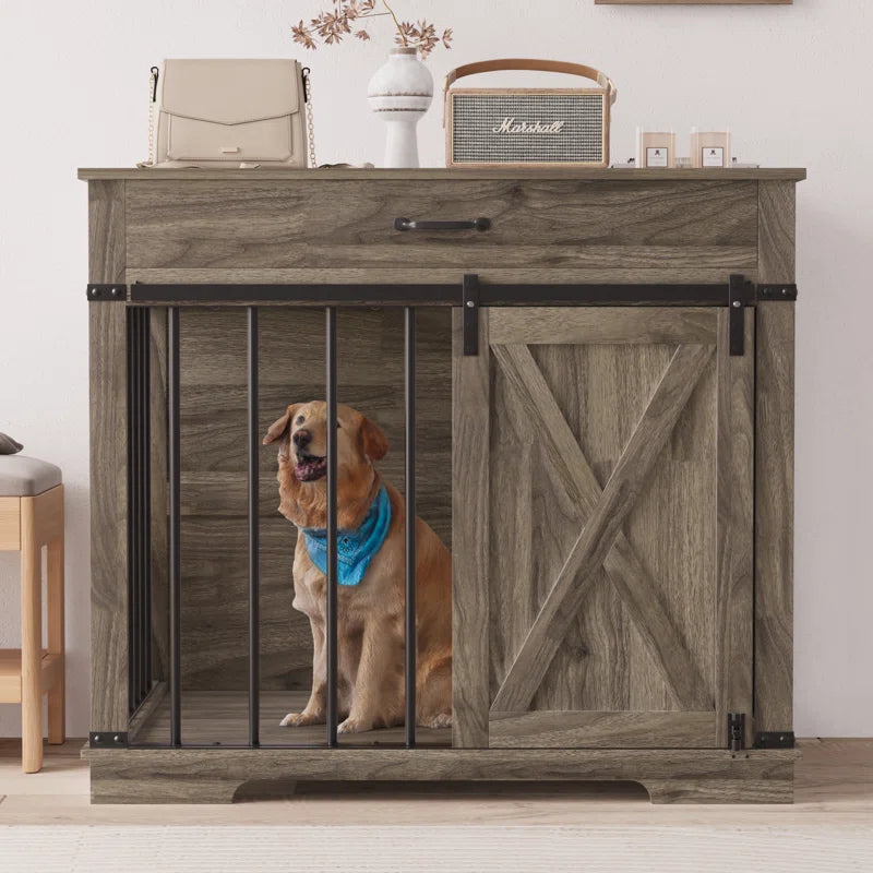 37.8''W Modern Dog Crate Furniture with Drawer and Sliding Door