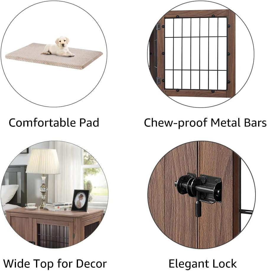 Furniture Style Dog Crate End Table with Cushion, Wooden Wire Pet Kennels with Double Doors, Medium Dog House Indoor Use (Walnut, Medium)