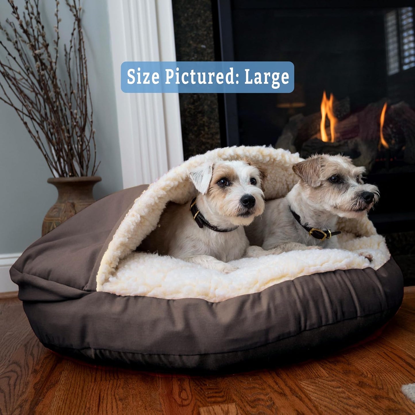 Luxury Cozy Cave Dog Bed - Indoor Dog Bed with Cover Cave, Covered Calming Burrow for Small & Medium Sized Pets with Blanket Attached, Enclosed, Washable - Large, Dark Chocolate