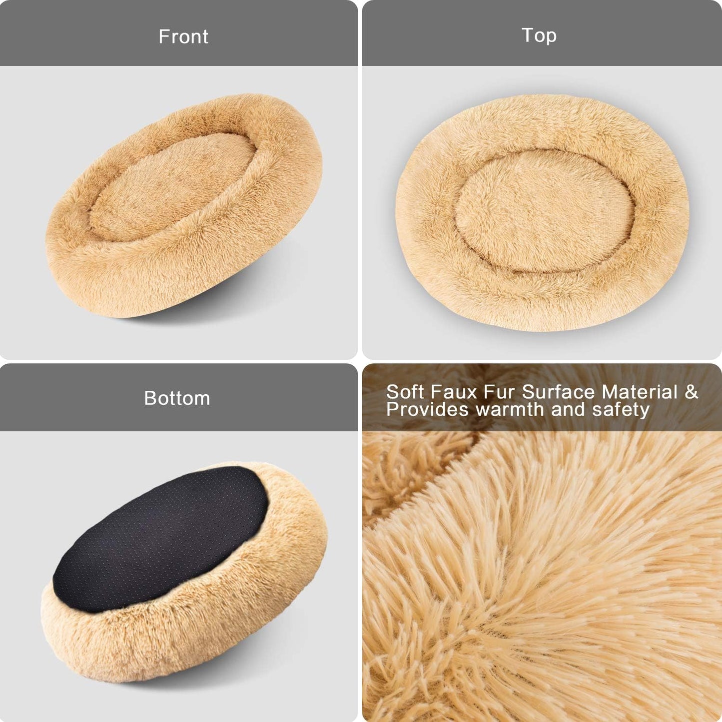 Long Plush Comfy Calming & Self-Warming Bed for Cat & Dog, anti Anxiety, Furry, Soothing, Fluffy, Washable, Abbyspace, Marshmellow Pet Donut Bed
