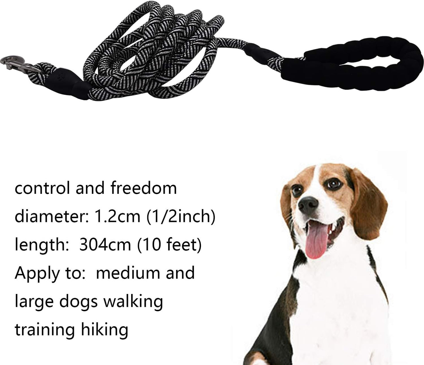 Heavy Duty 10 FT Dog Leash with Comfortable Padded Handle - Reflective, Medium & Large Dogs, Black