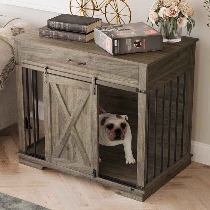 37.8''W Modern Dog Crate Furniture with Drawer and Sliding Door