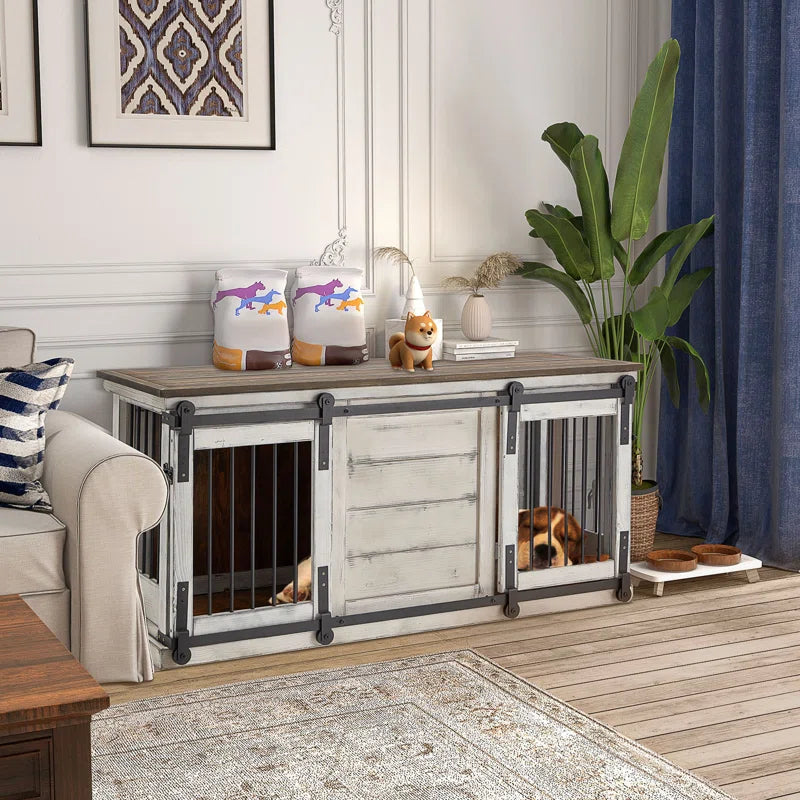 Solid Wood Dog Crate Furniture, Dog Kennel Tv Cabinet with Sliding Door, Stylish Dog House Indoor, Heavy Duty Kennel, Wooden Dog Cage Suitable for One Large Dog or Two Medium Sized Dogs