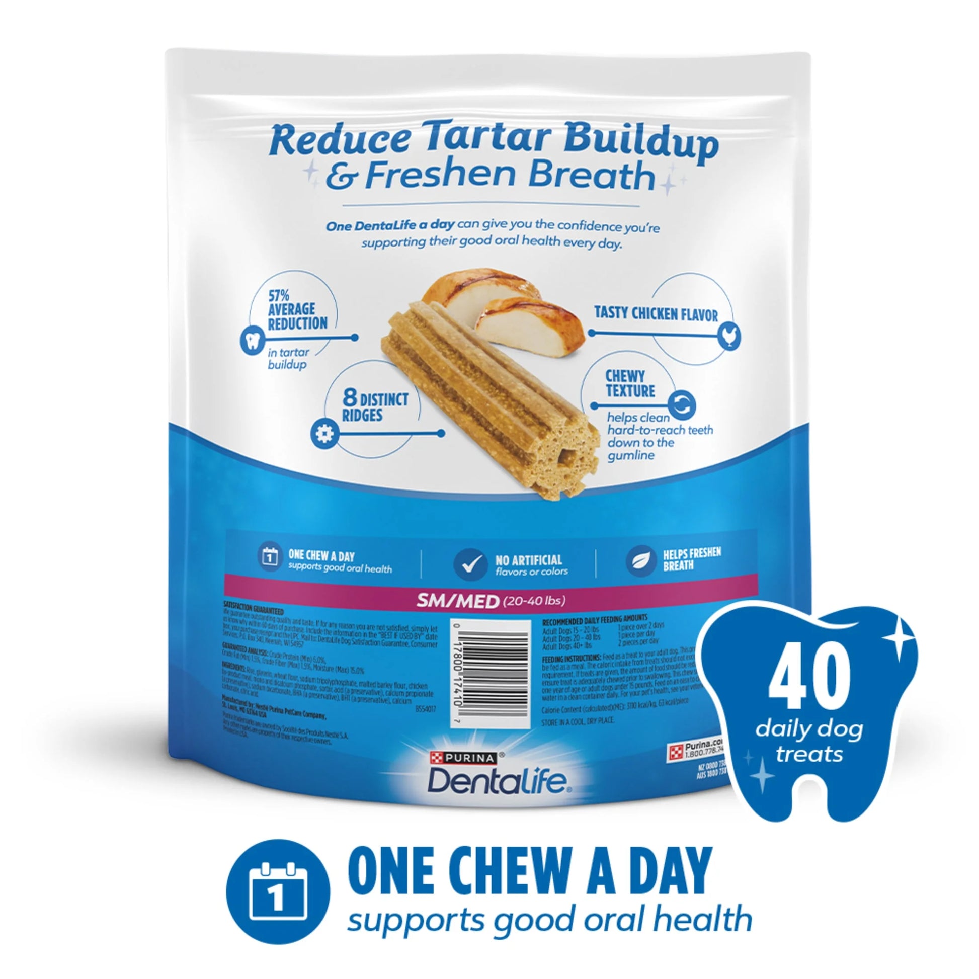 Purina  Daily Oral Care Chicken Flavor Small/Medium Breed Dog Dental Chews – 28.5 Oz Pouch (40Ct)