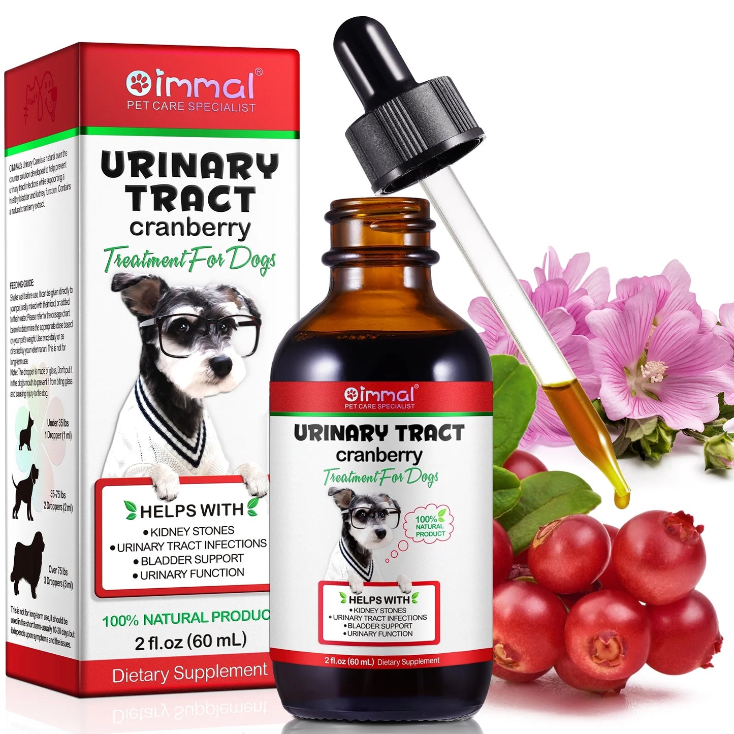 Urinary Tract Infection Drops for Dog | Natural Cranberry, Kidney + Bladder Support Supplement Dog Renal Health & Care (2 Fl Oz) - 1Pack