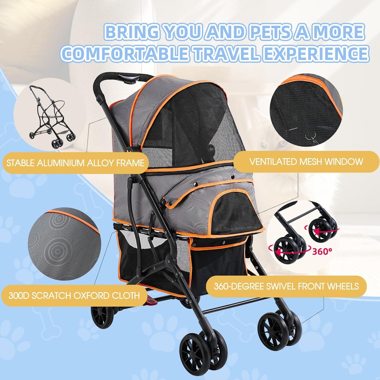 4 Wheels Dogs Cats Stroller for Small Medium Dogs Cats Pets up to 35 Lbs，Foldable Dog Cat Strollers Jogger Travel Stroller with Storage Basket and Cup Holder, Gray