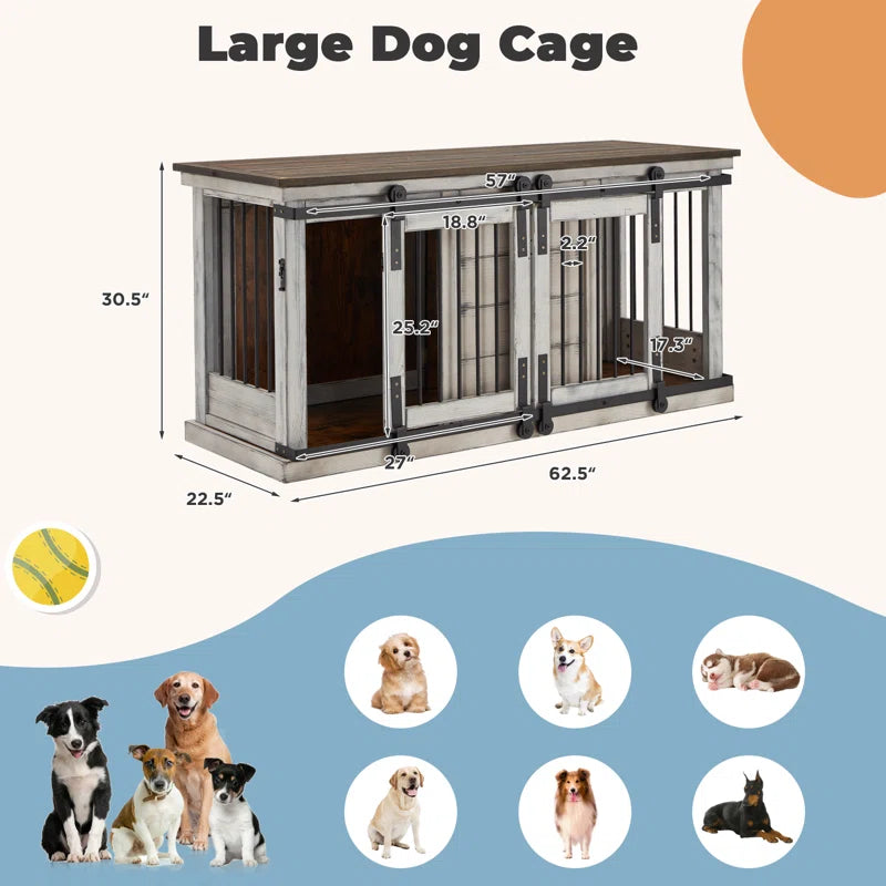 Solid Wood Dog Crate Furniture, Dog Kennel Tv Cabinet with Sliding Door, Stylish Dog House Indoor, Heavy Duty Kennel, Wooden Dog Cage Suitable for One Large Dog or Two Medium Sized Dogs