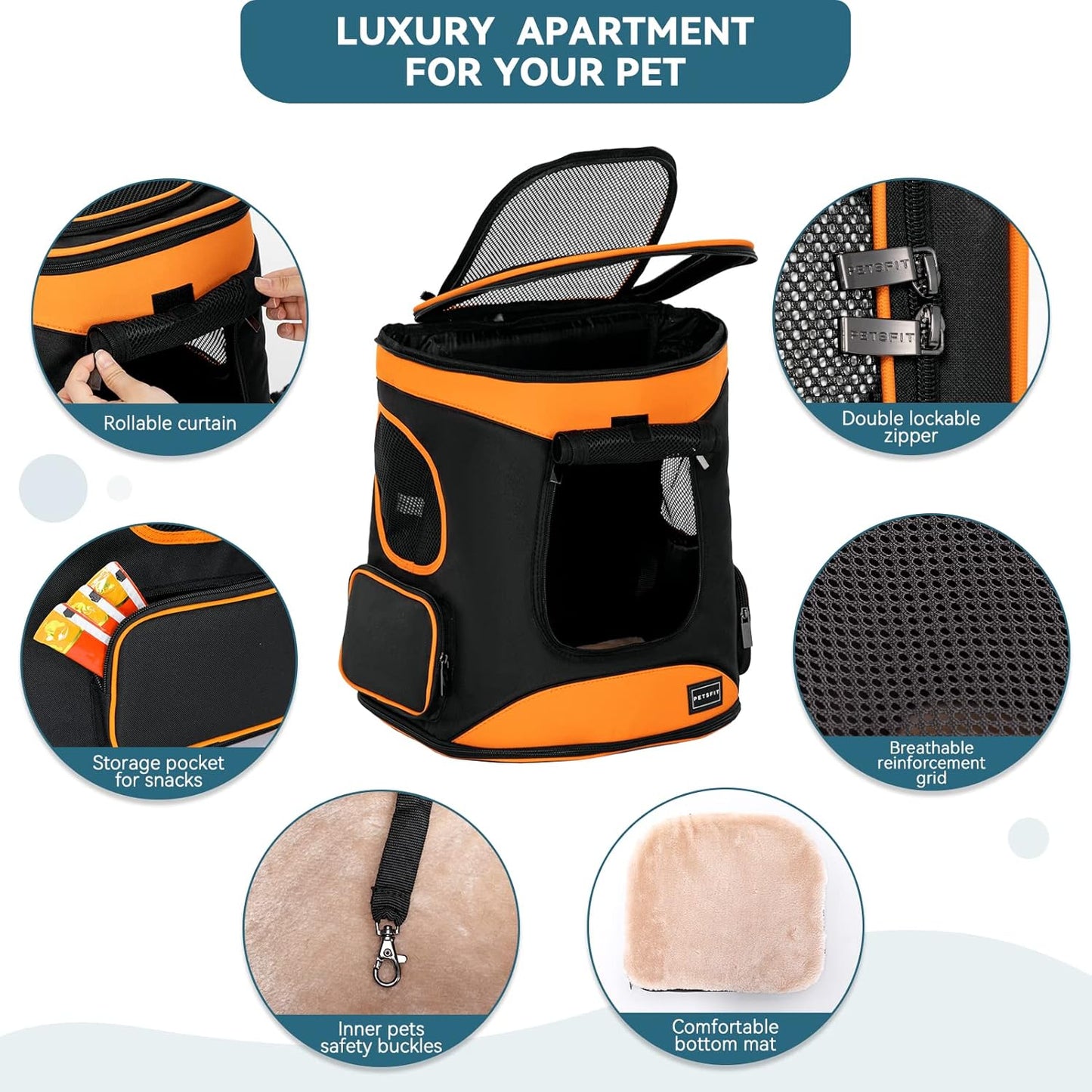 Cat Backpack Carrier Easy-Fit Dog Travel Backpack Carrier for Hiking Walking Cycling Suitable for Small Medium Dogs Cats and Rabbits up to 22 Pounds, Orange