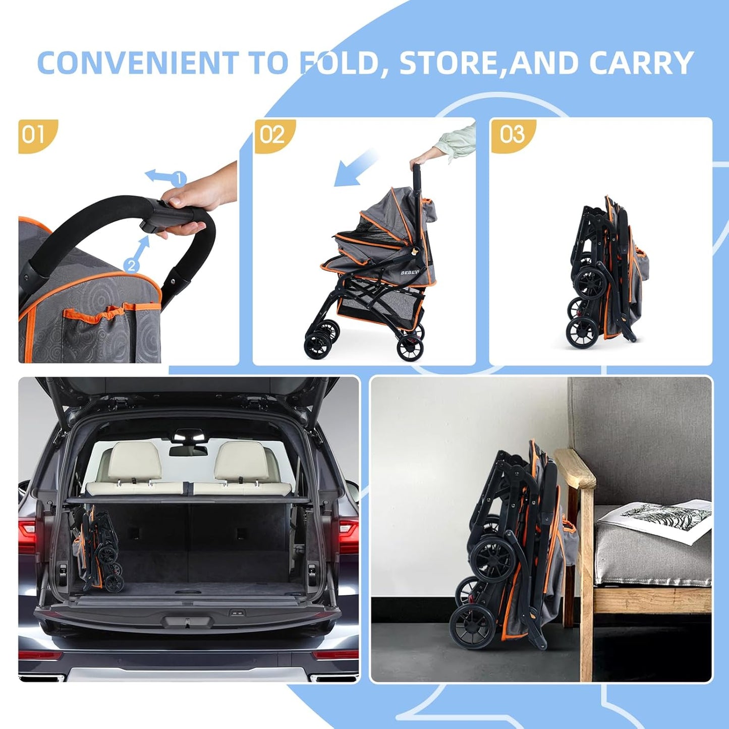 4 Wheels Dogs Cats Stroller for Small Medium Dogs Cats Pets up to 35 Lbs，Foldable Dog Cat Strollers Jogger Travel Stroller with Storage Basket and Cup Holder, Gray