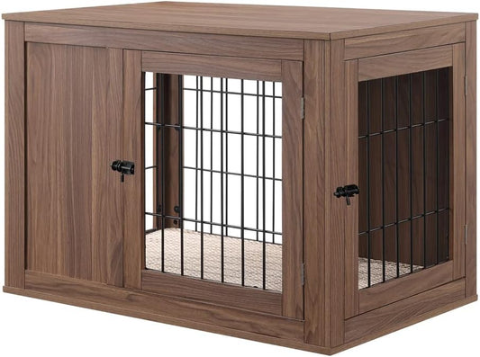 Furniture Style Dog Crate End Table with Cushion, Wooden Wire Pet Kennels with Double Doors, Medium Dog House Indoor Use (Walnut, Medium)