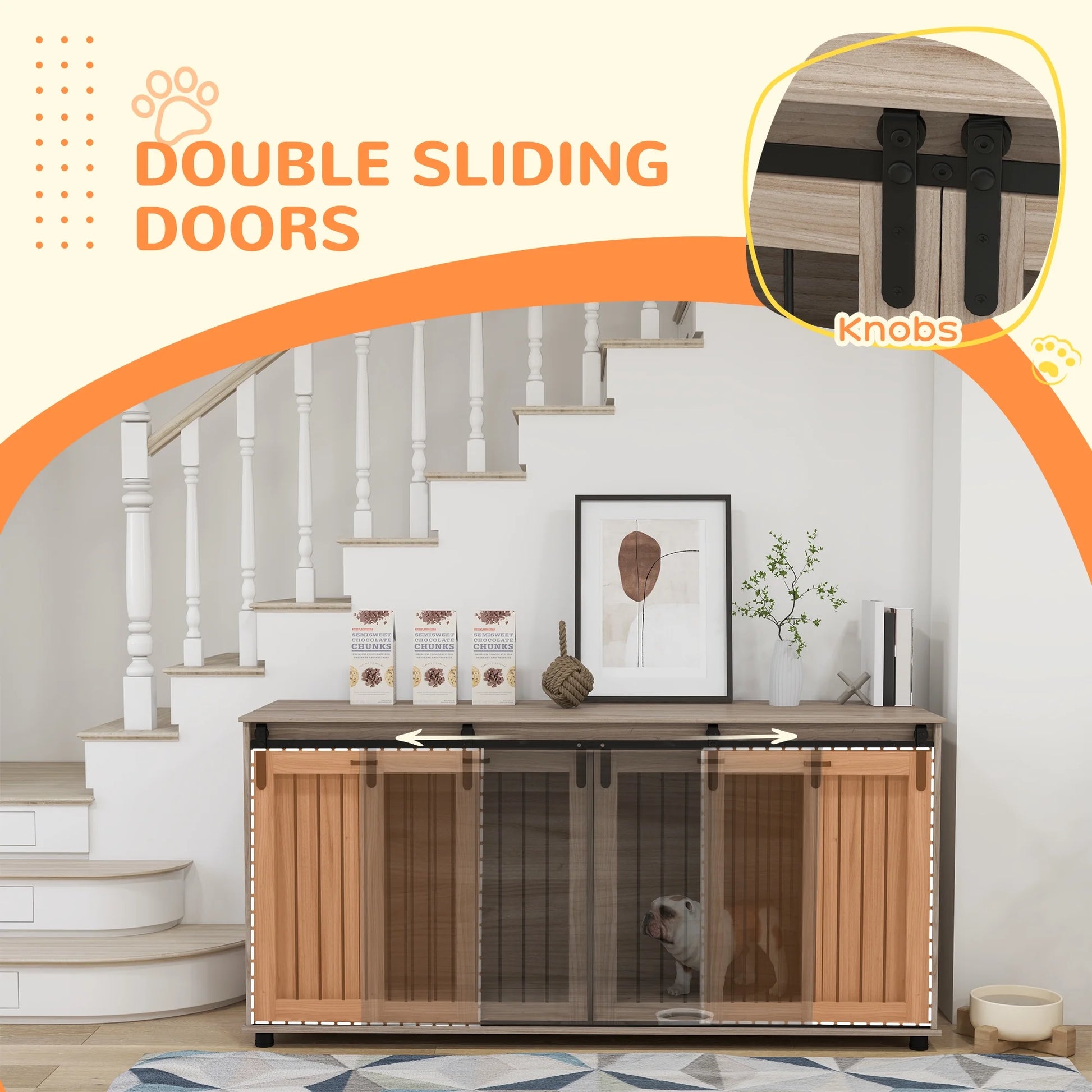 71" Dog Crate Furniture with Removable Divider for 2 Small Dogs or 1 Large Dog, Dog Kennel Furniture with Storage, Double Doors