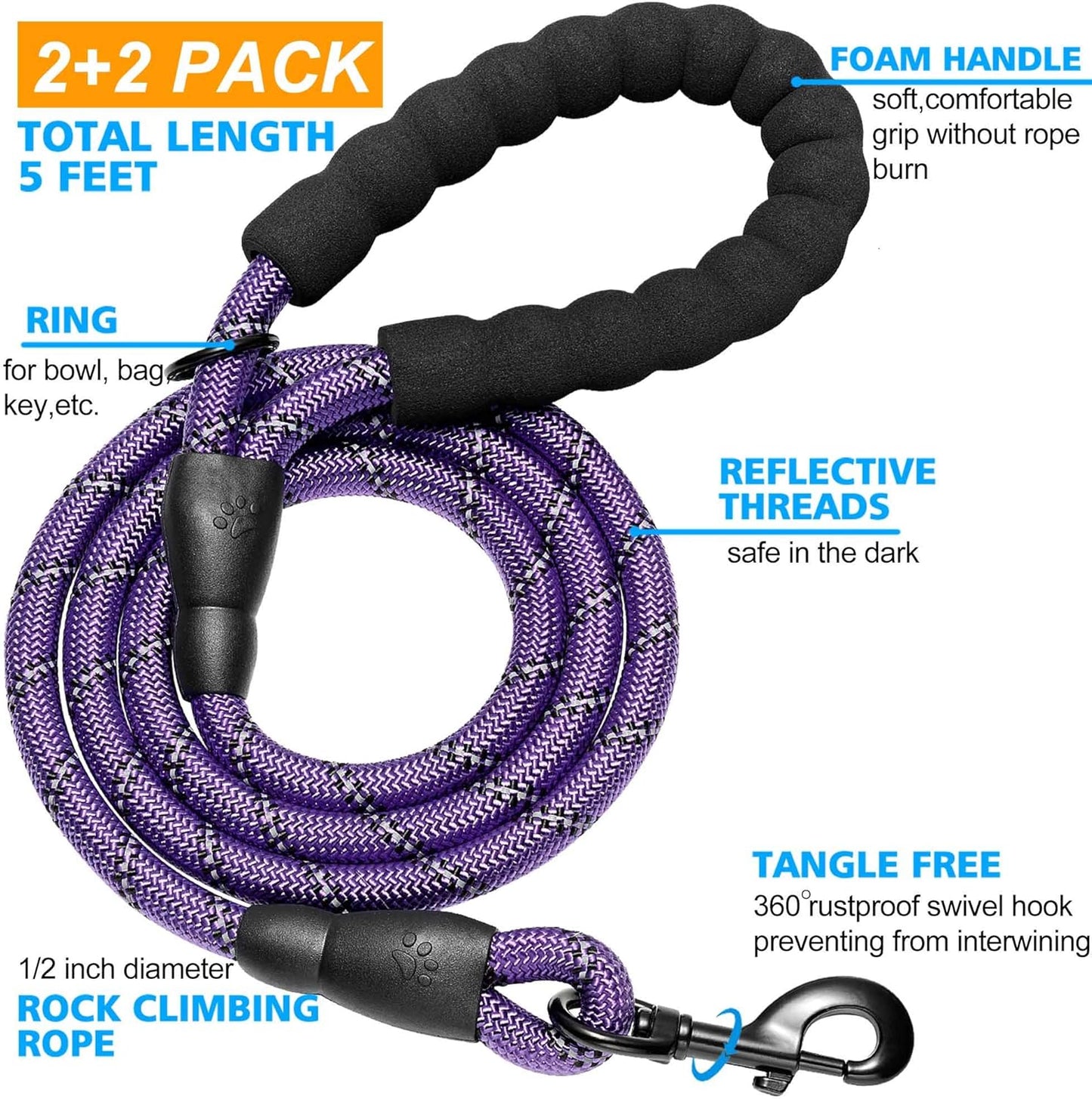 2 Pack 5 FT Heavy Duty Dog Leash with Comfortable Padded Handle Reflective Dog Leashes for Medium Large Dogs (S)