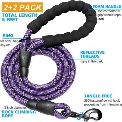 2 Pack 5 FT Heavy Duty Dog Leash with Comfortable Padded Handle Reflective Dog Leashes for Medium Large Dogs (S)