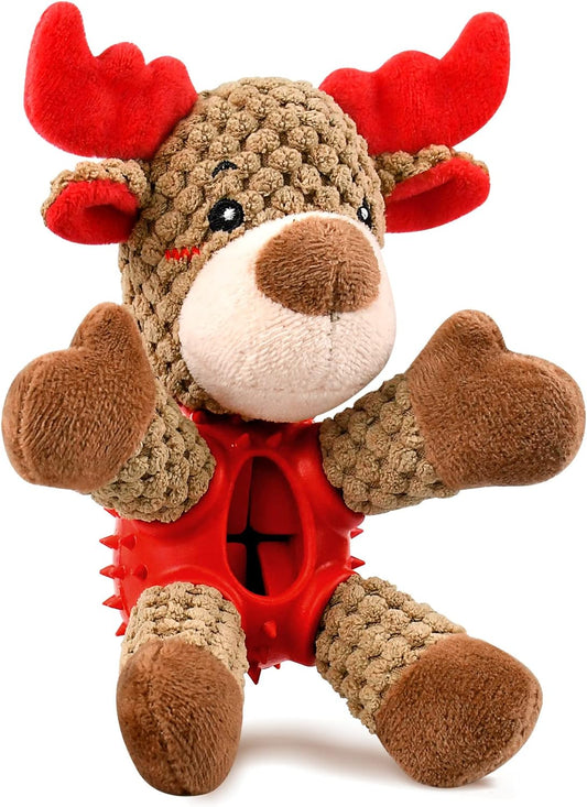 Christmas Squeaky Dog Toys, Durable Latex Rubber Chew Bite Toys Stuffed with Crinkle Paper for Puppy to Medium Pets (Elk)