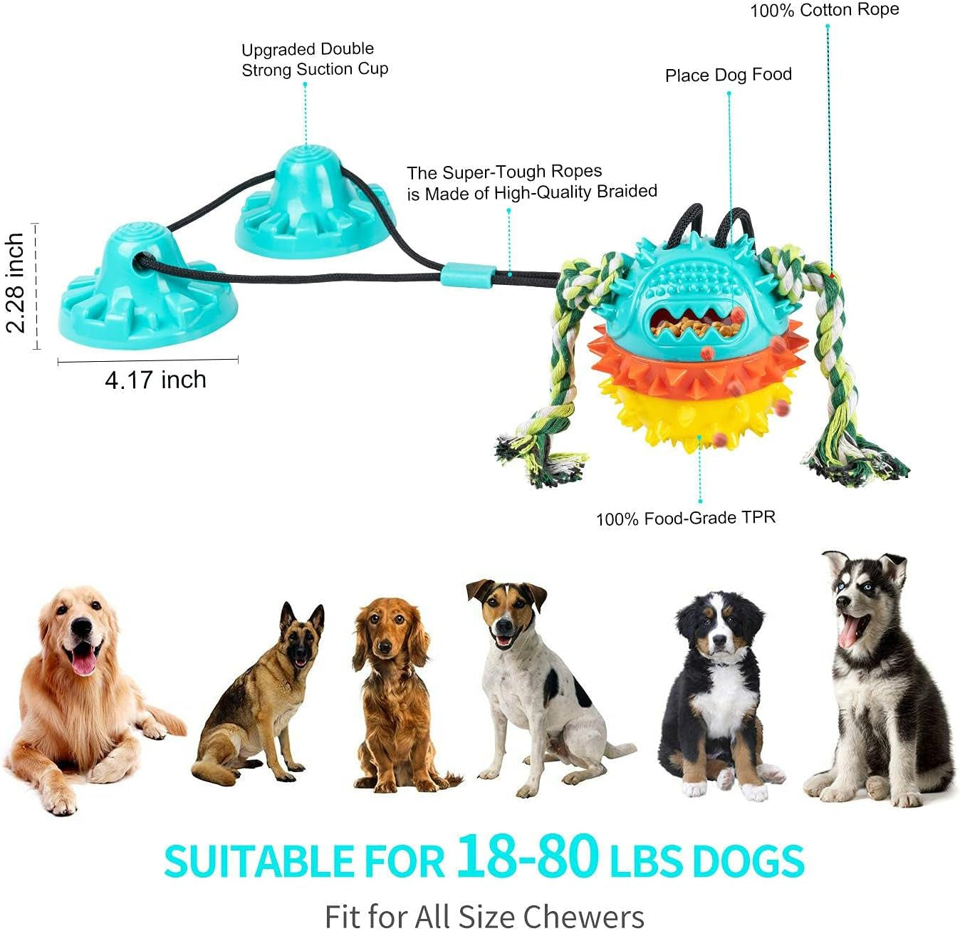 Dog Toys for Aggressive Chewers, Double Suction Cup Dogs Toys Dog Tug Toy, Dog Puzzle Chew Interactive Dog Toys Squeaky Molar Bite Ball for Teeth Cleaning & Food Dispensing