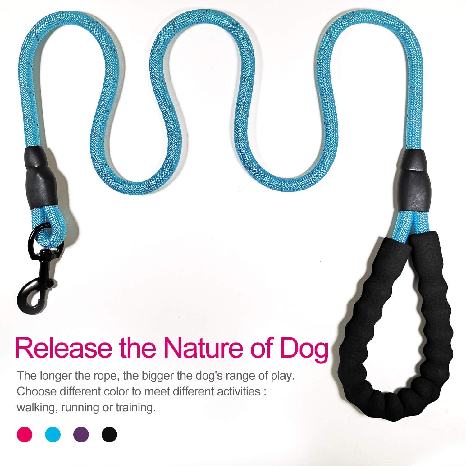 10 FT Strong Dog Leash Extra Heavy Duty Rock Climbing Rope Comfortable Padded Handle Highly Reflective Threads for Small Medium Large Dogs, 1/2 Inch Diameter (Blue)