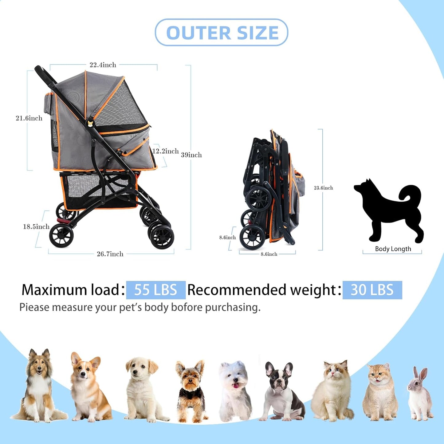 4 Wheels Dogs Cats Stroller for Small Medium Dogs Cats Pets up to 35 Lbs，Foldable Dog Cat Strollers Jogger Travel Stroller with Storage Basket and Cup Holder, Gray