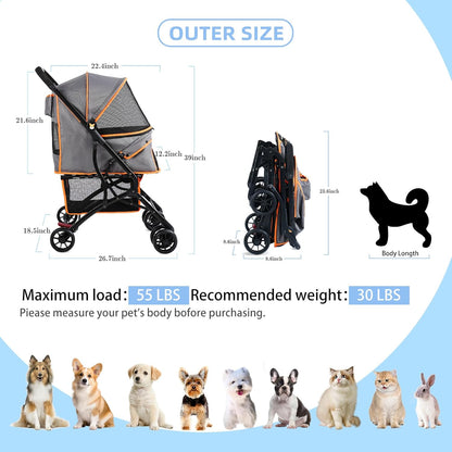 4 Wheels Dogs Cats Stroller for Small Medium Dogs Cats Pets up to 35 Lbs，Foldable Dog Cat Strollers Jogger Travel Stroller with Storage Basket and Cup Holder, Gray