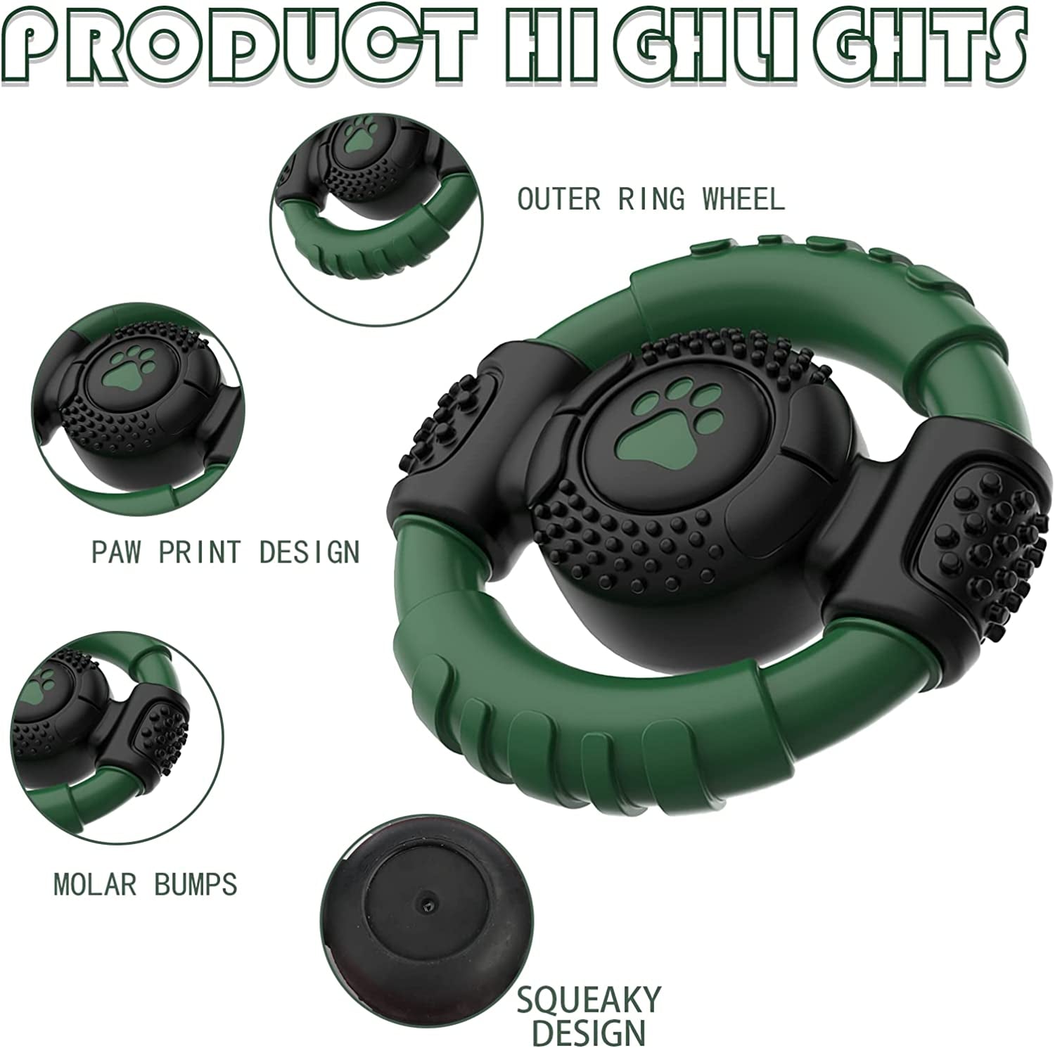 Dog Toys Steering Wheel Indestructible, Squeaky Dog Chew Toys, Rubber Dog Toys for Medium and Large Dogs, Sturdy Squeaky Dog Toys (Green)