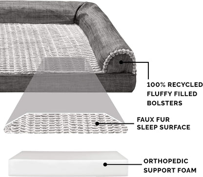 Orthopedic Dog Bed for Large Dogs W/ Removable Bolsters & Washable Cover, for Dogs up to 125 Lbs - Luxe Faux Fur & Performance Linen Sofa - Charcoal, Jumbo Plus/Xxl