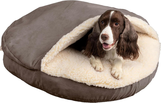 Luxury Cozy Cave Dog Bed - Indoor Dog Bed with Cover Cave, Covered Calming Burrow for Small & Medium Sized Pets with Blanket Attached, Enclosed, Washable - Large, Dark Chocolate
