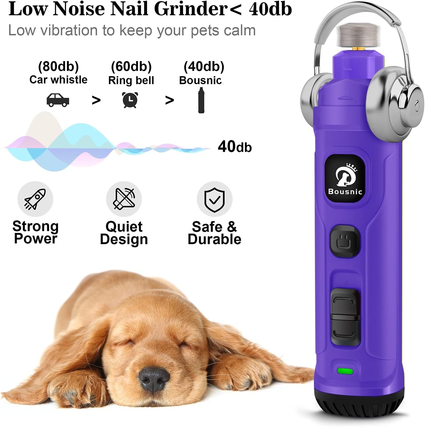 Dog Nail Grinder with 2 LED Light - Super Quiet Pet Nail Grinder Powerful 2-Speed Electric Dog Nail Trimmer File Toenail Grinder for Puppy Small Medium Large Breed Dogs & Cats (Purple)
