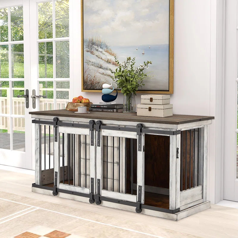 Solid Wood Dog Crate Furniture, Dog Kennel Tv Cabinet with Sliding Door, Stylish Dog House Indoor, Heavy Duty Kennel, Wooden Dog Cage Suitable for One Large Dog or Two Medium Sized Dogs