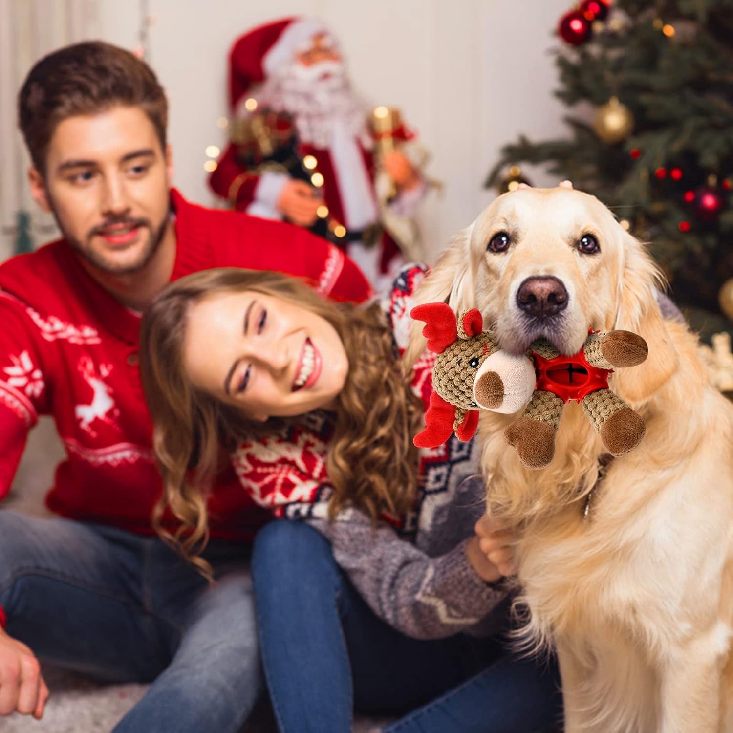 Christmas Squeaky Dog Toys, Durable Latex Rubber Chew Bite Toys Stuffed with Crinkle Paper for Puppy to Medium Pets (Elk)