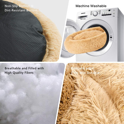 Long Plush Comfy Calming & Self-Warming Bed for Cat & Dog, anti Anxiety, Furry, Soothing, Fluffy, Washable, Abbyspace, Marshmellow Pet Donut Bed