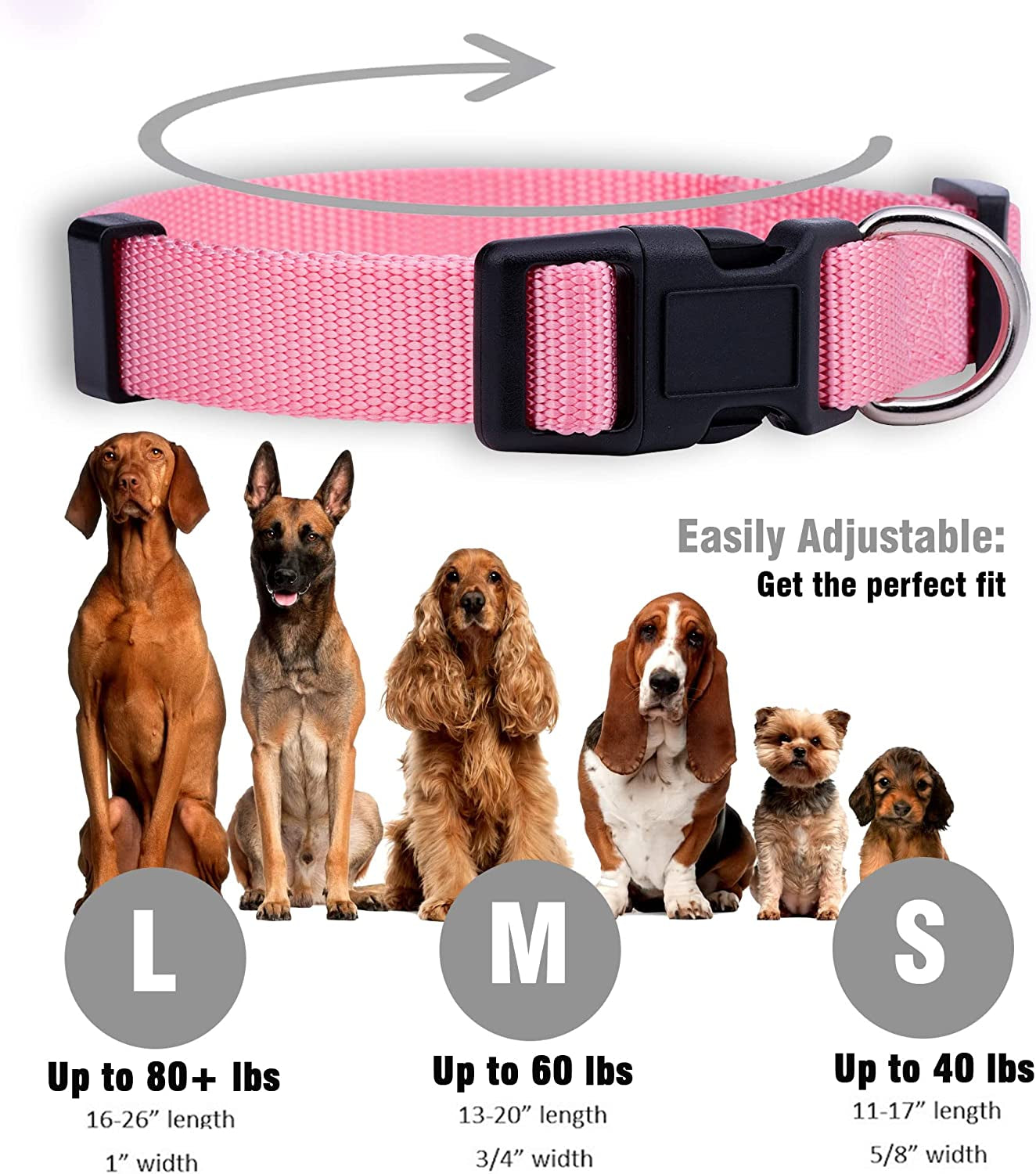 Basic Nylon Dog Collar, Adjustable for Small, Medium, Large Pet and Puppies Accessories, Cute Colors for Male, Female, Boy, Girl, Puppy (Small, Pink)