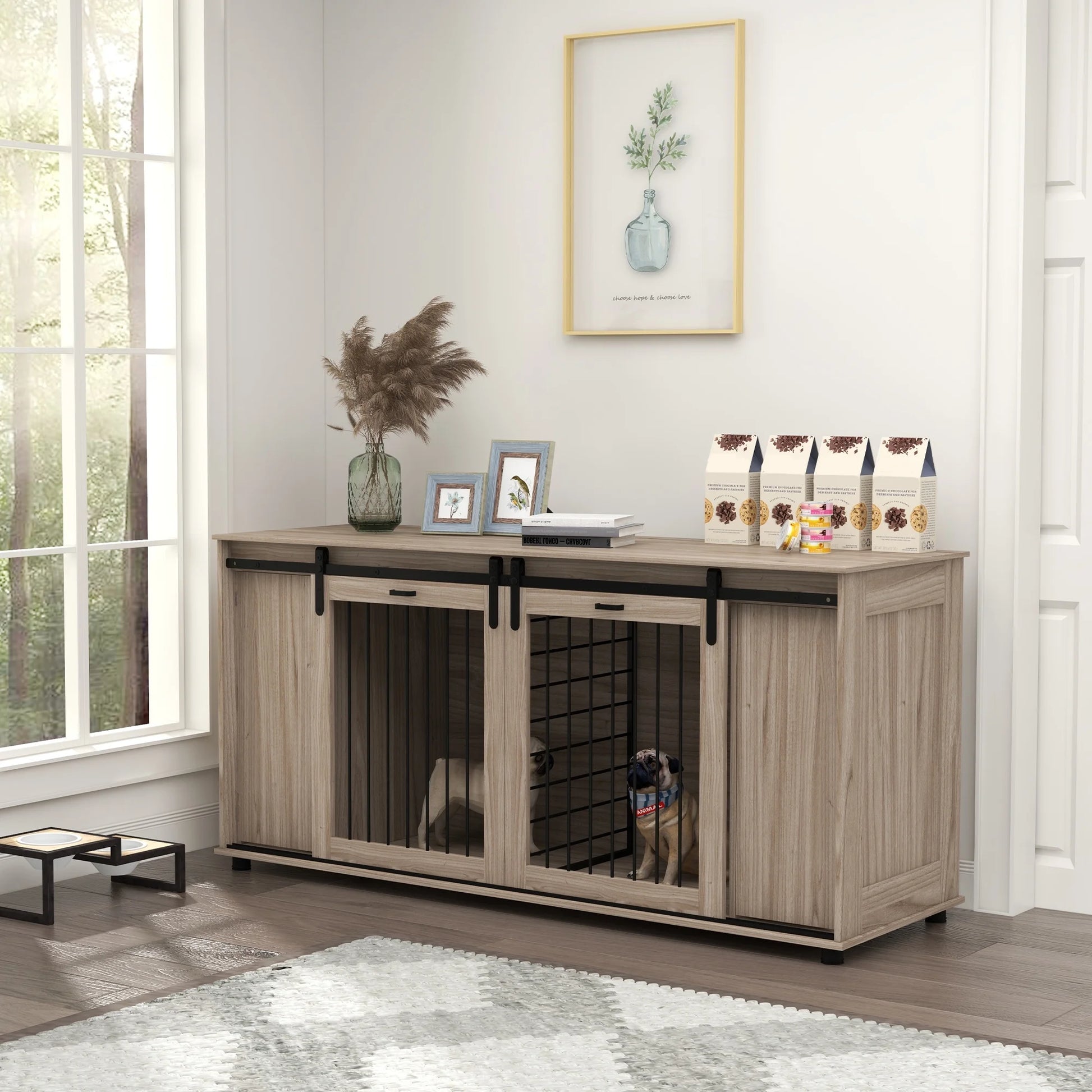 71" Dog Crate Furniture with Removable Divider for 2 Small Dogs or 1 Large Dog, Dog Kennel Furniture with Storage, Double Doors