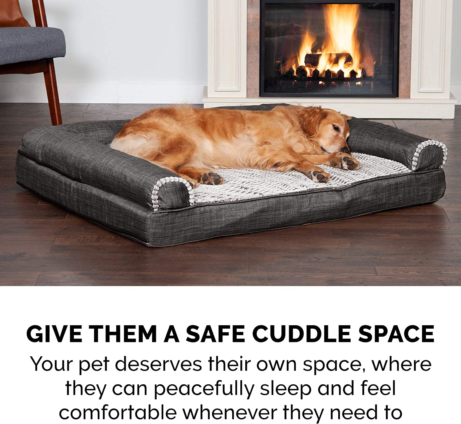 Orthopedic Dog Bed for Large Dogs W/ Removable Bolsters & Washable Cover, for Dogs up to 125 Lbs - Luxe Faux Fur & Performance Linen Sofa - Charcoal, Jumbo Plus/Xxl