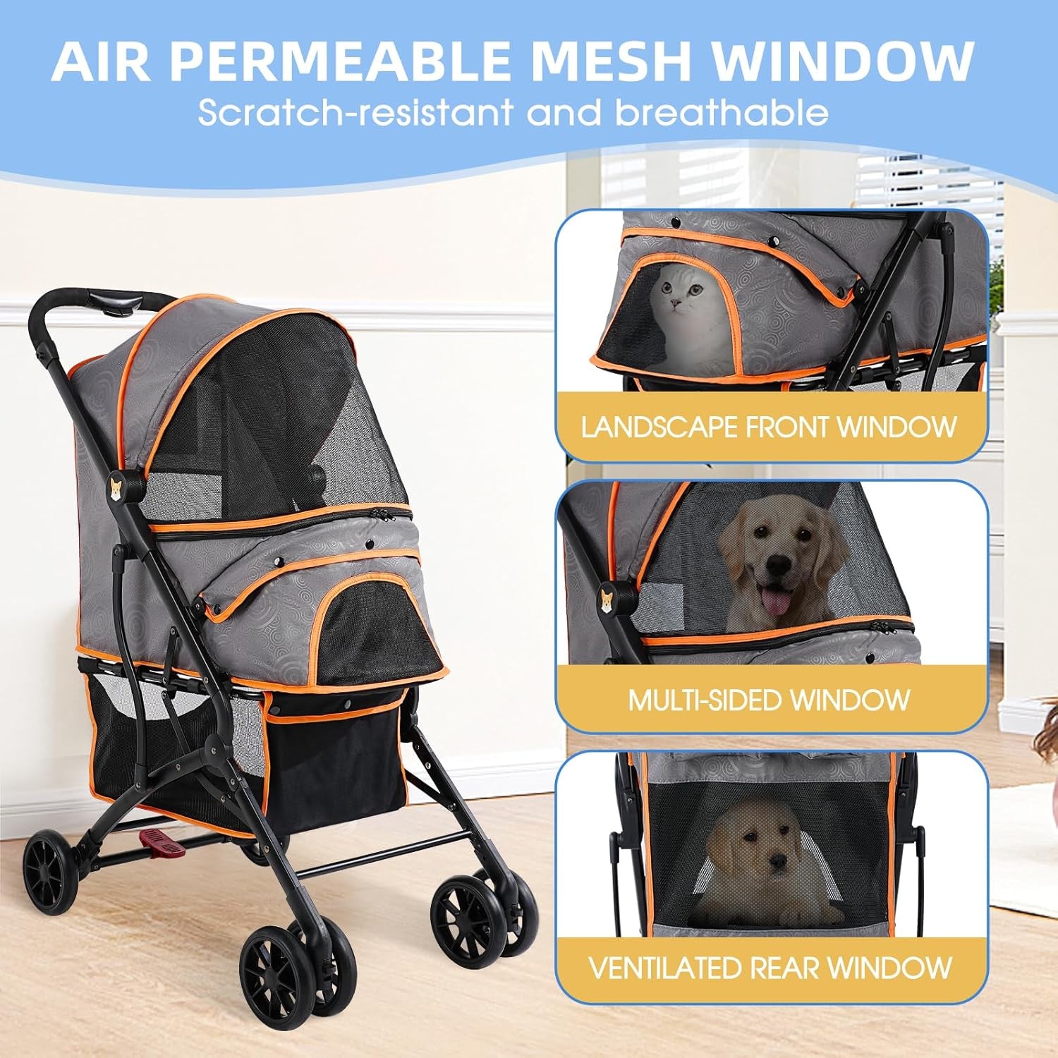 4 Wheels Dogs Cats Stroller for Small Medium Dogs Cats Pets up to 35 Lbs，Foldable Dog Cat Strollers Jogger Travel Stroller with Storage Basket and Cup Holder, Gray