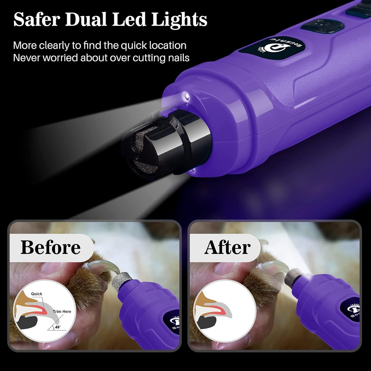 Dog Nail Grinder with 2 LED Light - Super Quiet Pet Nail Grinder Powerful 2-Speed Electric Dog Nail Trimmer File Toenail Grinder for Puppy Small Medium Large Breed Dogs & Cats (Purple)